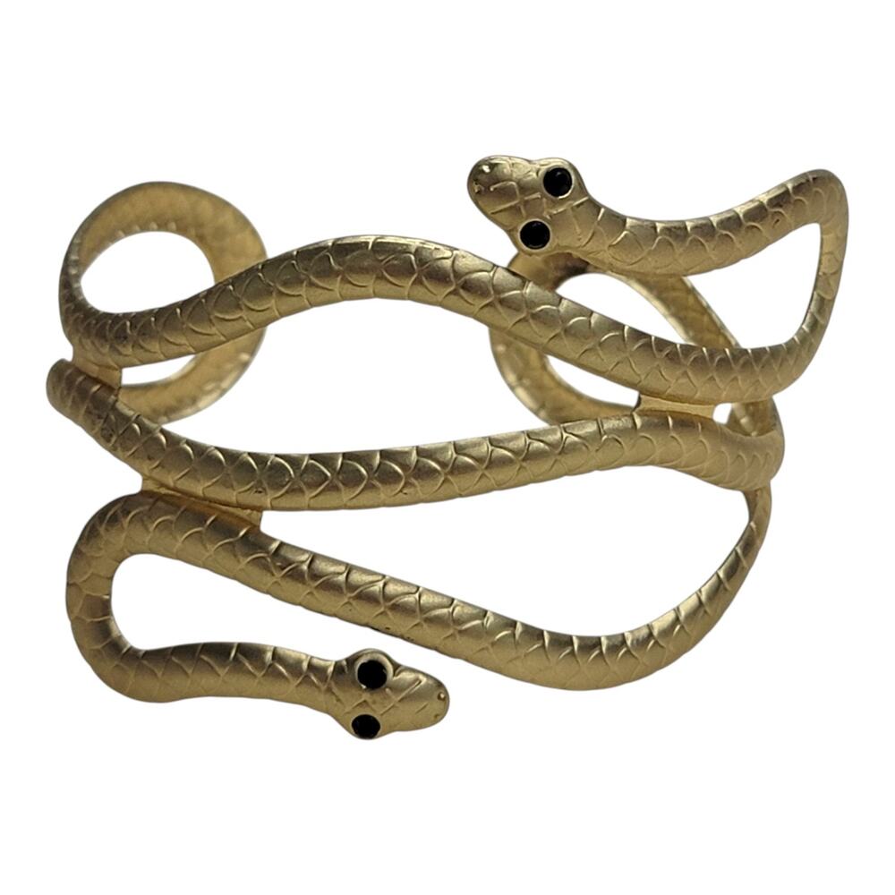 Vintage Gold Tone Snake Cuff Bracelet Serpent Double Head Bypass Wrap Bangle
